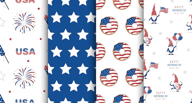 Independence Day of USA Set of seamless patterns with festive elements