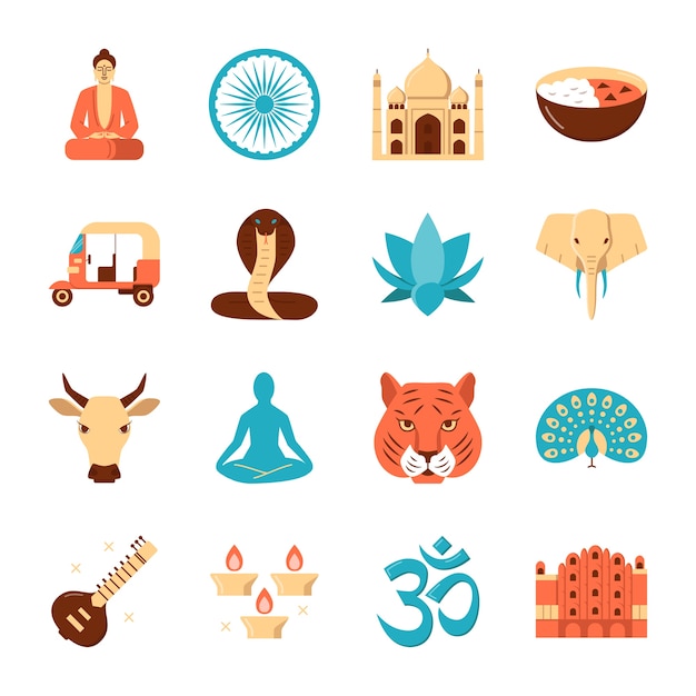 Vector india icons set in flat style