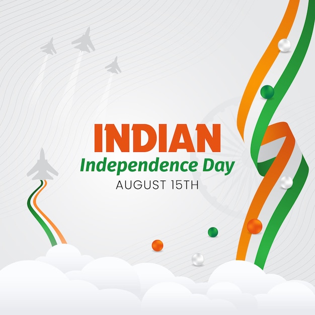 India Independence Day August 15th banner with ribbon flag and fighter jets illustration