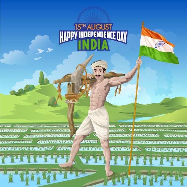 India Independence day wishes with Farmer in Paddy Field holding Indian Flag