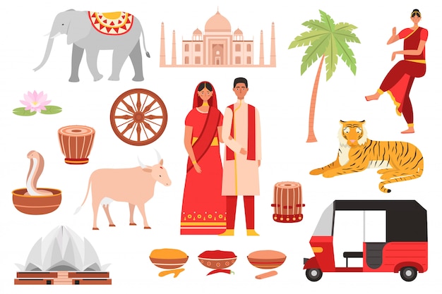 India, indian culture symbols, travel set with buddhism, tourist objects and country food, architecture and people isolated set of  illustrations.