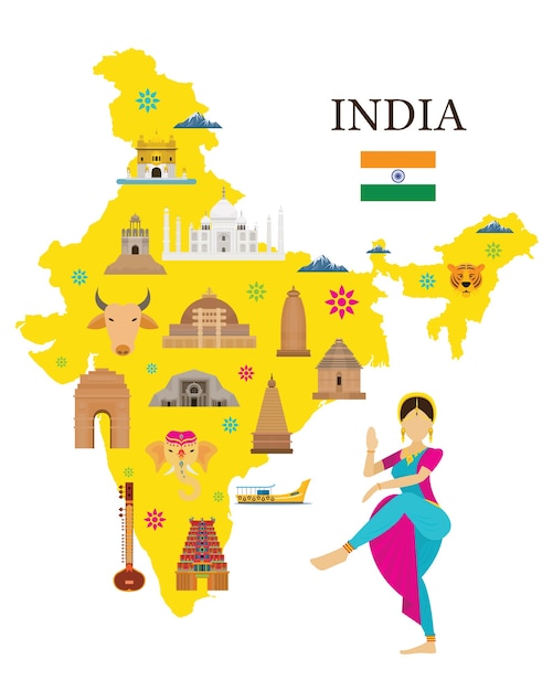 India Map and Landmarks with People in Traditional Clothing