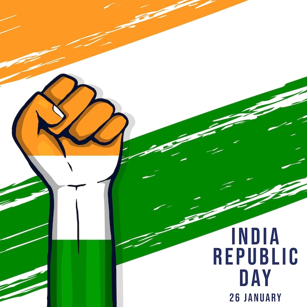 India republic day illustration with hand on background indian flag in grunge texture