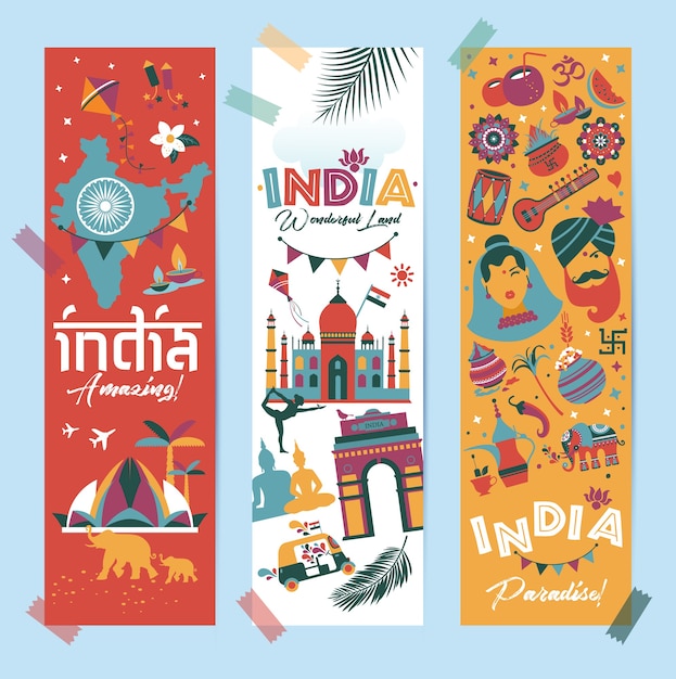 India set Asia country Indian architecture Asian traditions buddhism travel isolated icons and symbols in 3 vertical banners.