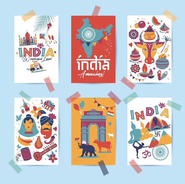 India set. Asia country, Indian architecture, traditions, travel symbols in 6 cards.