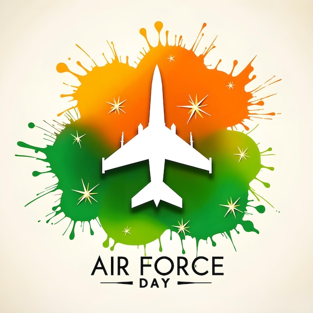 Indian Air Force Day featuring a silhouette of an aircraft in white at the center Indian flag Stars