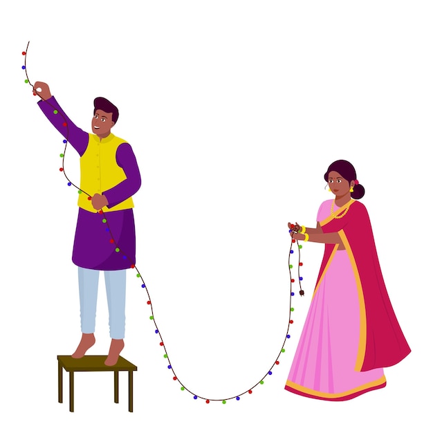 Indian Couple Decorating From Lighting Garland On White Background