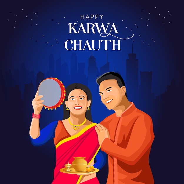 Indian Couple Karwa Chauth VEctor Template