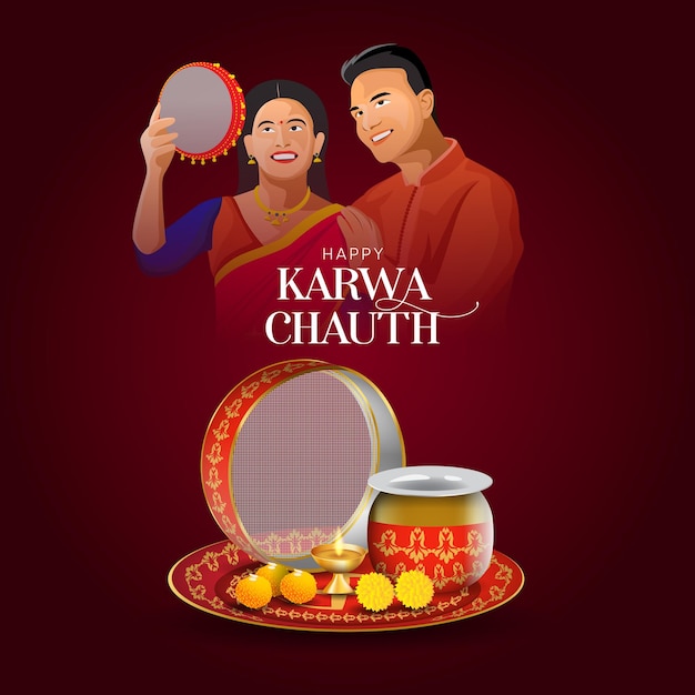 Indian Couple Karwa Chauth VEctor Template