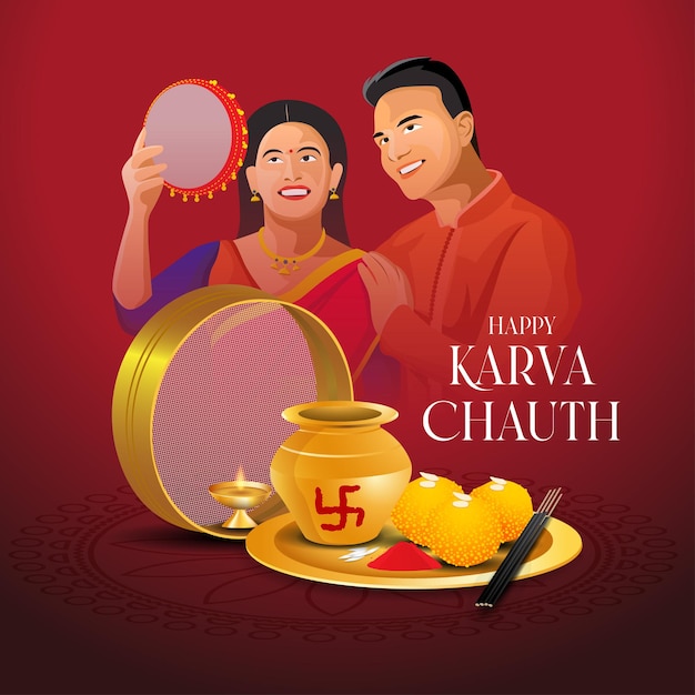 Indian Couple Karwa Chauth VEctor Template