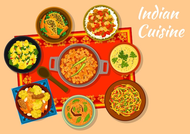 Indian cuisine chickpea curry sign with warm cabbage salad, chicken with vegetables, spinach potato, eggplant stew with rice, corn soup with lentil, snack pie khaman, curry chicken with carrot