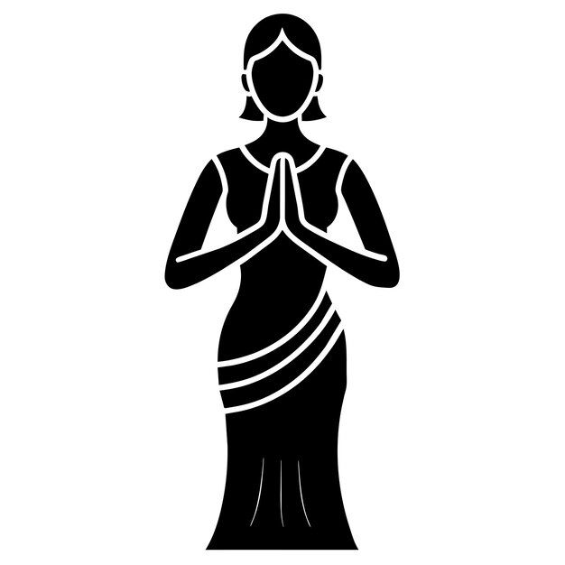 an Indian cultural woman striking a stylish standing pose with a Namaste welcome expression