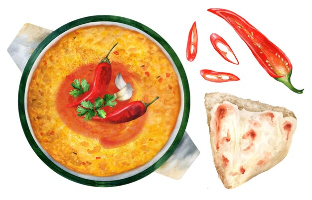 Vector indian dish dal tadka curry watercolor illustration