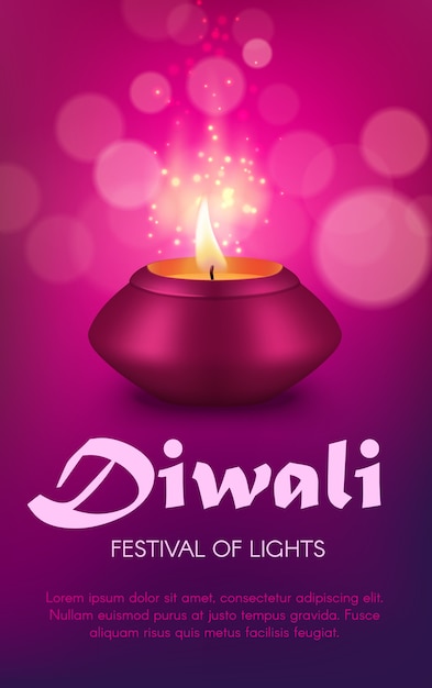 Indian diya lamp  design of Diwali or Deepavali Hindu religion light festival. Oil lamp or candle lantern of pink clay with burning fire flame and gold sparkles, festive greeting