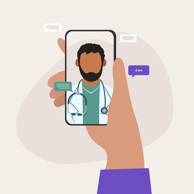 Indian doctor consulted by smartphone with his patient Modern Health Care Services and Online Telemedicine Concept