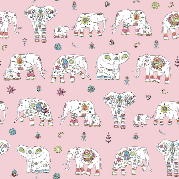 Indian elephant ornament seamless vector pattern