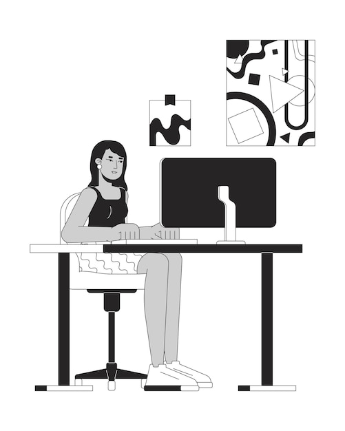 Vector indian female at office workplace black and white 2d line cartoon character