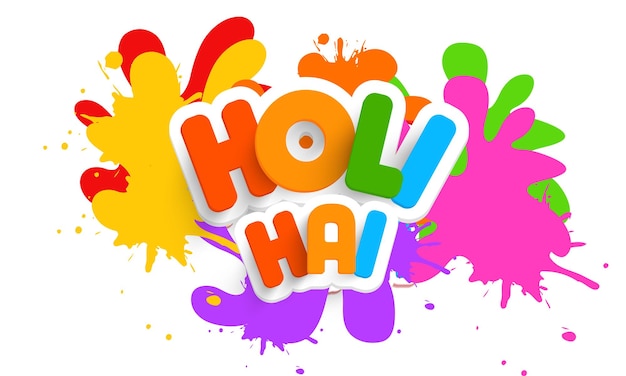 Indian festival of colours colourful Happy Holi text with  water colours splash against white background