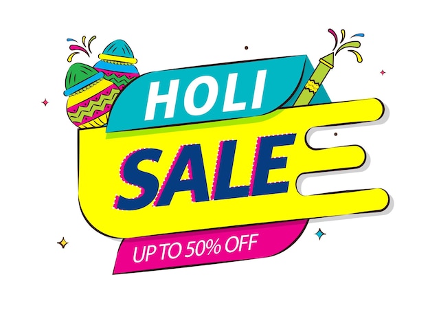 Indian festival of colours Holi Sale concept beautiful traditional pots with full of dry coloursgulal and Holi Sale text against white background