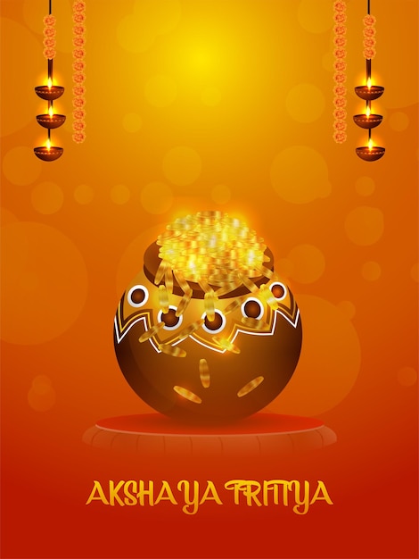 Indian festival design of happy akshaya tritiya with gold coin pot