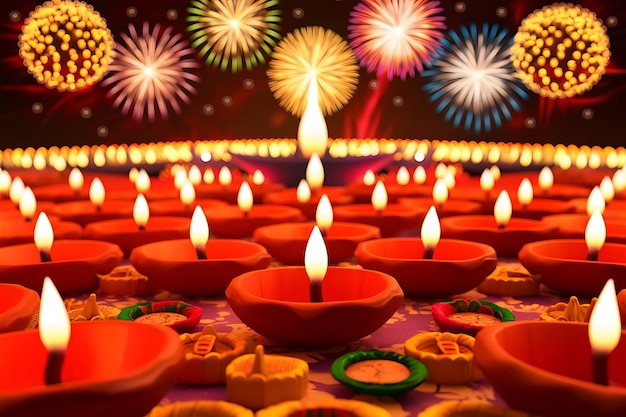 Indian festival Diwali Diya oil lamps lit on colorful rangoli Hindu traditional Happy Deepavali