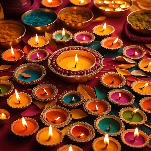 Indian festival Diwali Diya oil lamps lit on colorful rangoli