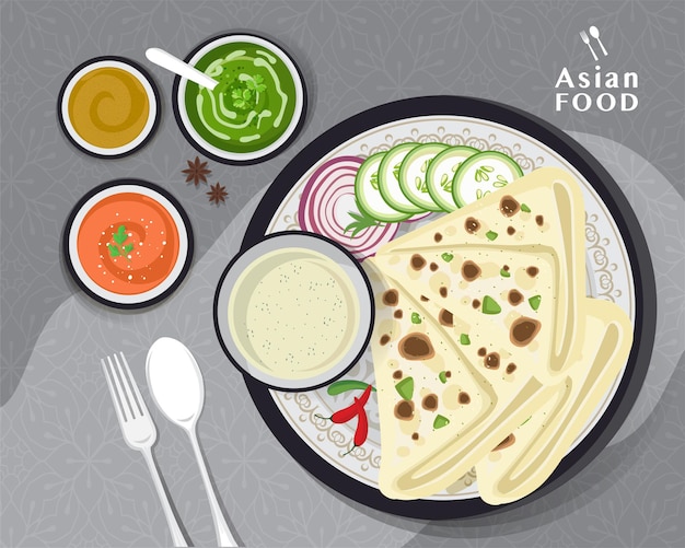 Indian food kulcha, Kulcha Indian Bread, Vector Illustration