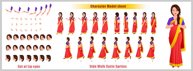 Indian Girl Character Design Model Sheet with walk cycle animation. Girl Character design. Front, side, back view and explainer animation poses. Character set with various views and lip sync