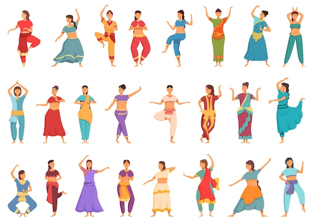 Indian girl dancer icons set cartoon vector Indian dancer