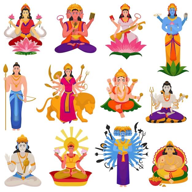 Indian god vector hindu godhead of goddess character and hinduism godlike idol Ganesha in India illustration set of asian godly religion