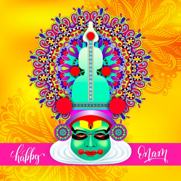 Indian kathakali dancer face decorative modern vector illustration with hand lettering for happy