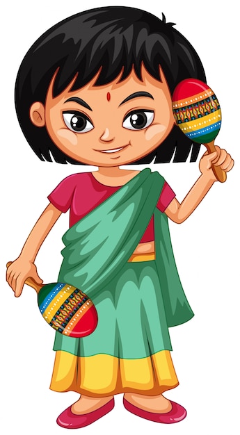 Indian kid holding maracas on white background