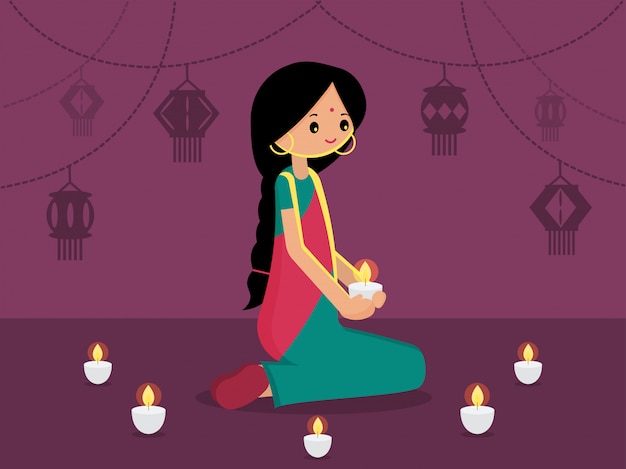 Indian lady with decorated hanging light for Happy Diwali. Modern flat vector illustration. Light festival of India background.