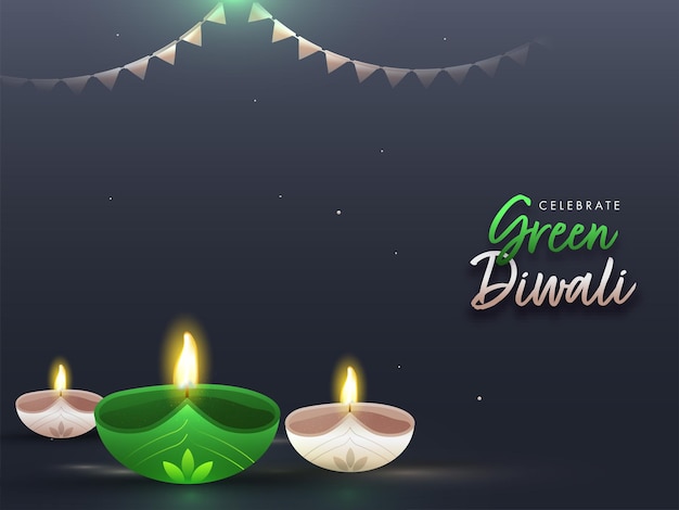 Indian Light Festiva Happy Diwali Celebration with Illuminated Oil Lamps for Green Diwali Concept on Night Background