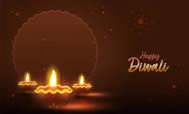 Indian Light Festival Happy Diwali Celebration with Illuminated Oil Lamps Diya On Brown Lights Effect Background