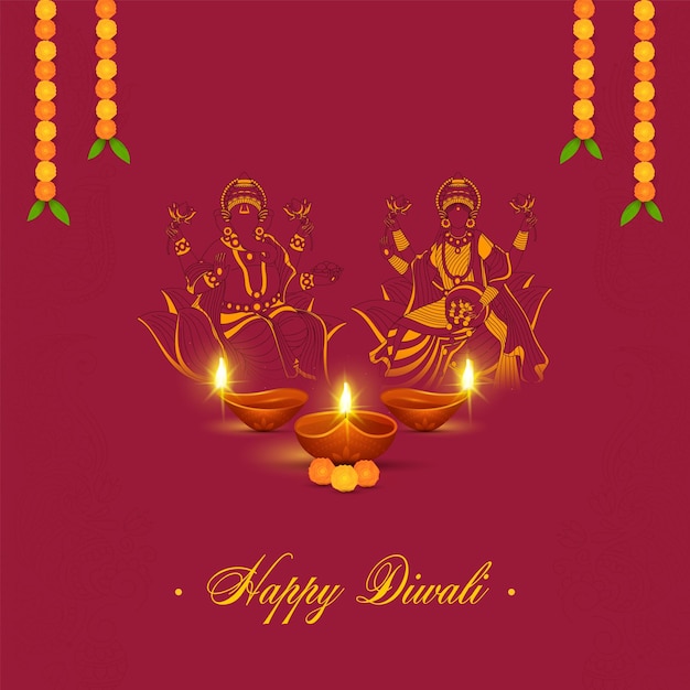 Indian Light Festival Happy Diwali concept Lord Ganesha and Goddess Lakshmi worshipped with Illuminated Oil Lamps Diya Floral Garland Toran On Red Background