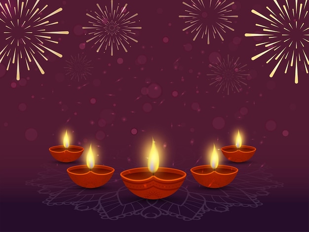 Indian Light Festival Happy Diwali Concept with Fireworks Bokeh Blur Background With Illuminated Oil Lamps Diya with Space for your Message