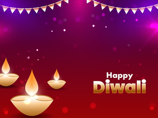 Indian Light Festival Happy Diwali with Illuminated Golden Oil Lit Lamps with Bunting Flags on Shiny Gradiant Background