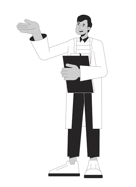 Indian male scientist with document flat line black white vector character Discussion Editable outline full body person Simple cartoon isolated spot illustration for web graphic design