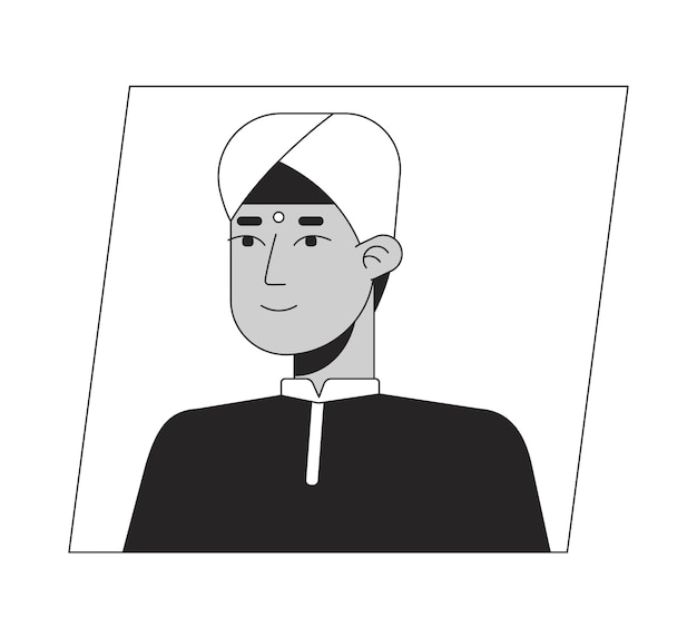 Indian man in turban black white cartoon avatar icon Editable 2D character user portrait linear flat illustration Vector face profile Outline person head and shoulders