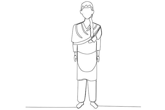 An Indian man with long hair wearing traditional daily clothing one line art