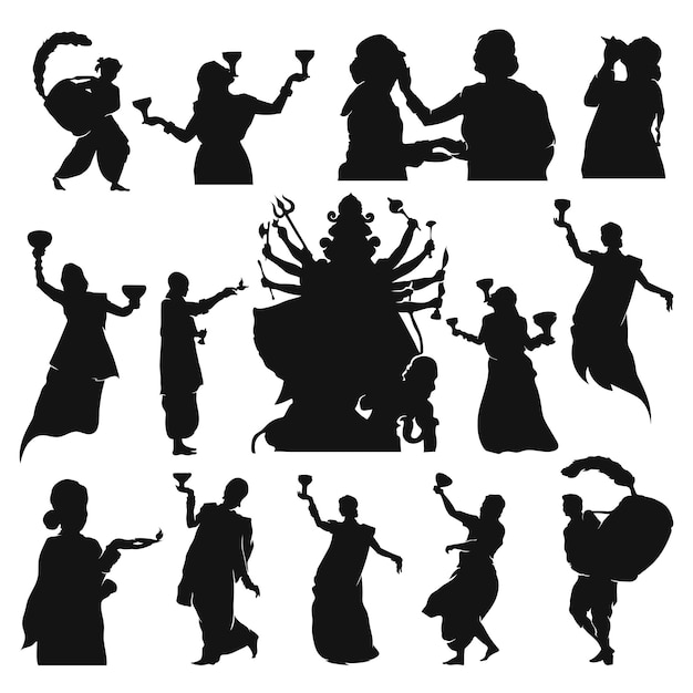 Indian man and women Celebrating Durga puja silhouette by dancing Dhunuchi and drumming