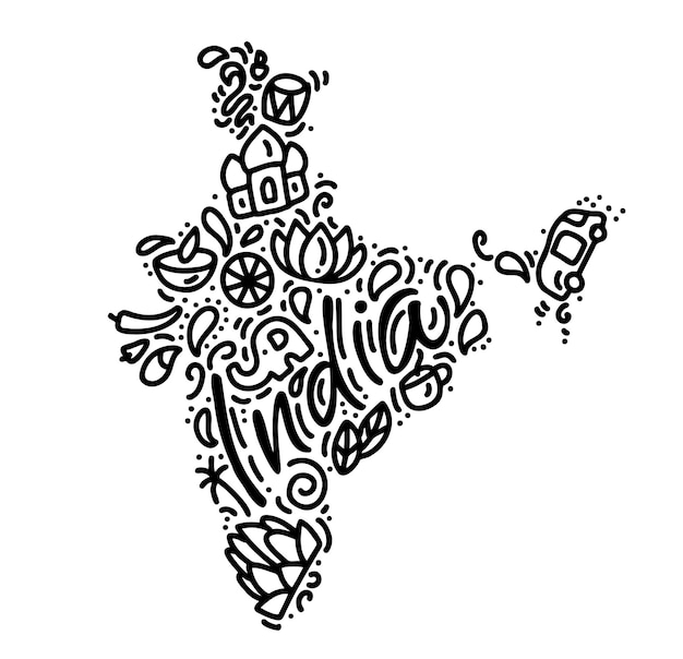 Indian map black calligraphy text and doodle vector illustration design Happy republic Day India