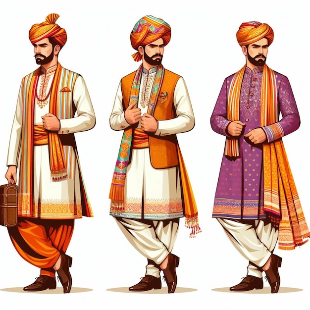 Indian men in traditional clothes vector illustration