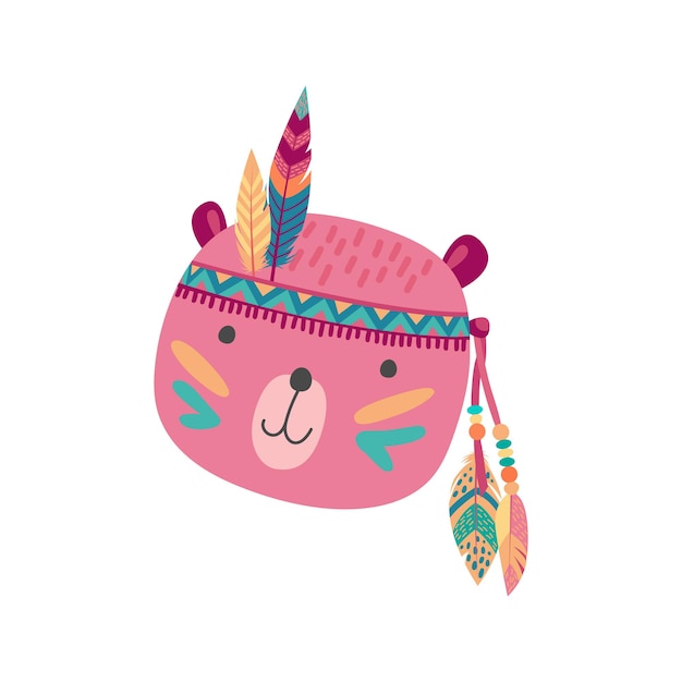 Indian native americans pink bear animal face mask with color aztec feathers isolated cartoon icon Vector tribal headdress bear carnival party headband wildlife animal mascot with national ornaments