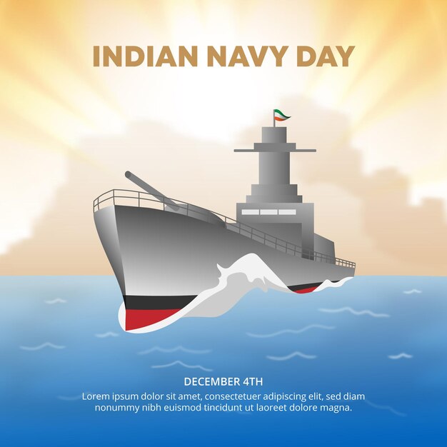 Vector indian navy day background with a warship on the ocean