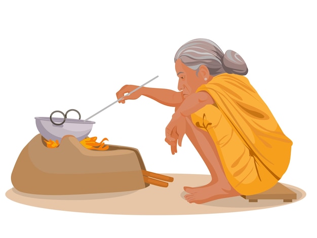 Indian Old Woman Making Or Cooking Food In an Ancient Or Old Kitchen