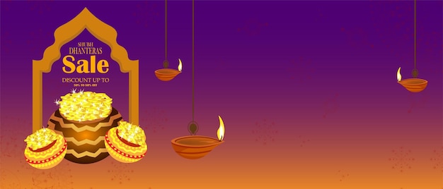 Indian pots with coins Vector illustration. Shubh Dhanteras holiday composition for Diwali festival