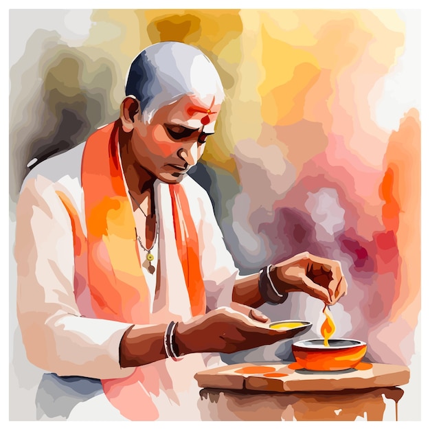 Vector indian priest performing ritual reciting mantras watercolour vector illustration