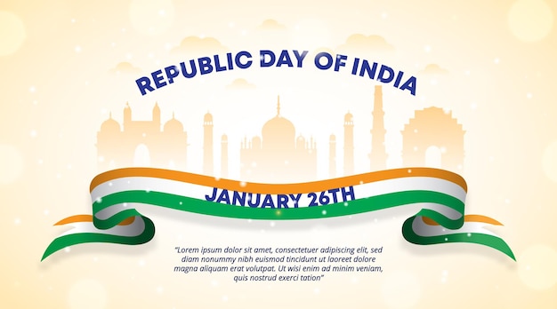 Indian republic day background with a scarf flag and silhouette buildings with sparkles